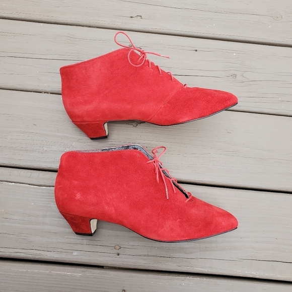 Vintage 80s Red Suede Leather Retro Pin Up Girl Lace-up Granny Lolita Booties 11 - Picture 5 of 8